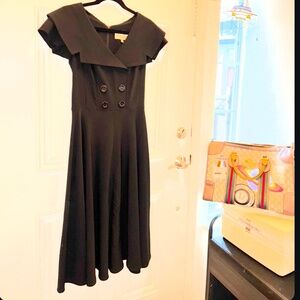 RARE Vintage Bettie Page Pinup Black Midi Dress with Sailor Collar Button Waist